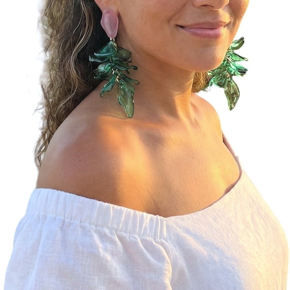Green Palm Leaf Dangle Earrings‎ Resin Tropical Drop Statement Jewelry for Women